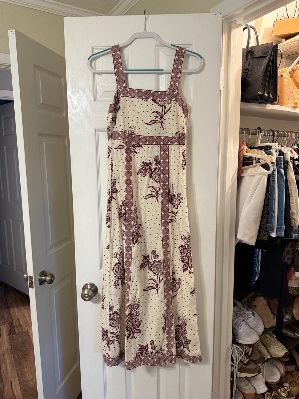 Cream Maxi Dress with Burgundy Floral Print